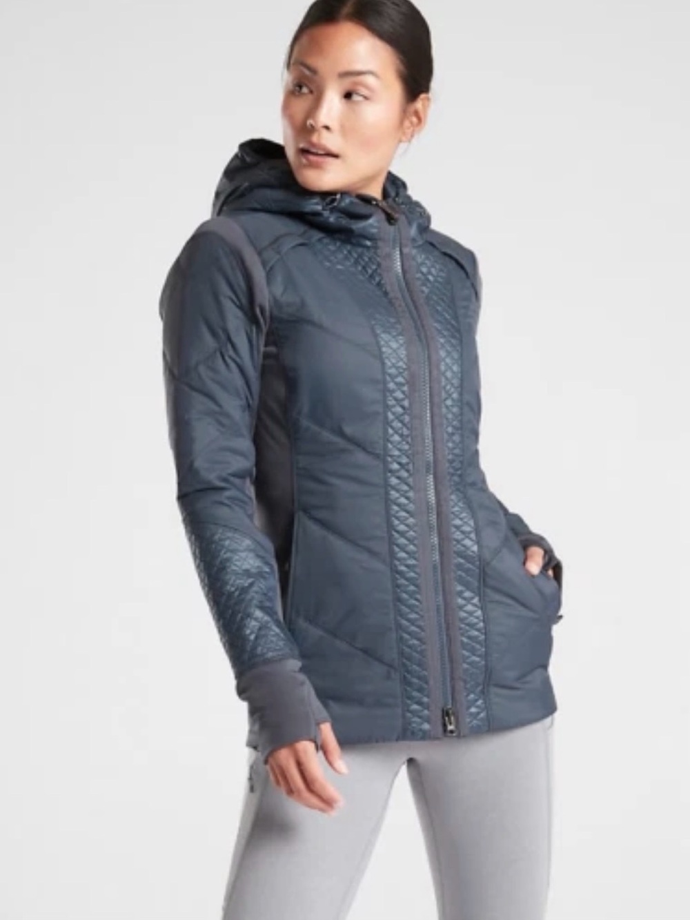 Athleta Quilted Hooded Puffer Jacket in Dark Olive